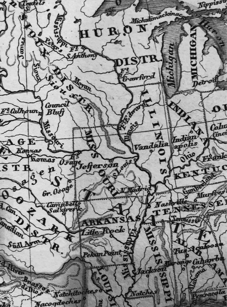 Historic map of North America featuring the Mississippi River Valley, 1834–5